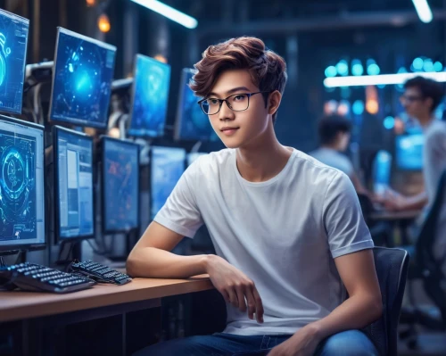 man with a computer,connectcompetition,connect competition,computer science,computer freak,computer program,girl at the computer,computer business,hardware programmer,cyber glasses,blockchain management,prospects for the future,cybersecurity,computer code,computer addiction,digital identity,trading floor,neon human resources,blur office background,crypto mining,Illustration,Realistic Fantasy,Realistic Fantasy 01