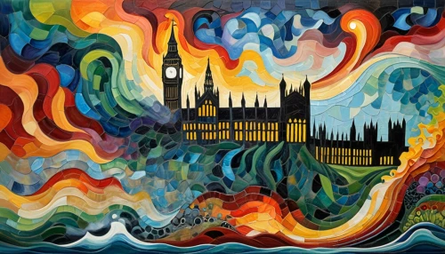 westminster palace,houses of parliament,parliament,big ben,art painting,glass painting,london,city of london,fabric painting,oil painting on canvas,psychedelic art,city in flames,fireworks art,abstract painting,oil on canvas,abstract cartoon art,oil pastels,bombay mix,thames,art paint,Illustration,Realistic Fantasy,Realistic Fantasy 40