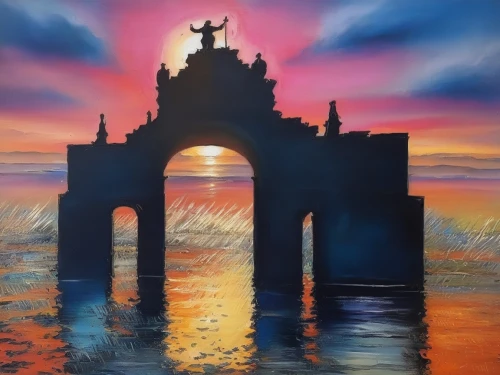 triumphal arch,victory gate,archway,el arco,city gate,bridge arch,water castle,half arch,constantine arch,arco,art painting,three point arch,gateway,stone arch,dragon bridge,oil painting on canvas,portal,tori gate,rock gate,ruined castle,Illustration,Paper based,Paper Based 04