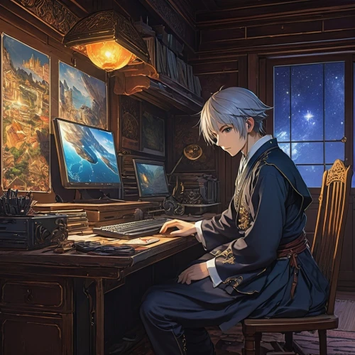 pianist,violet evergarden,composer,scholar,man with a computer,composing,piano,game illustration,piano lesson,clockmaker,girl at the computer,astronomer,to write,pianet,watchmaker,playing room,mozart,girl studying,cg artwork,musical background,Art,Classical Oil Painting,Classical Oil Painting 42