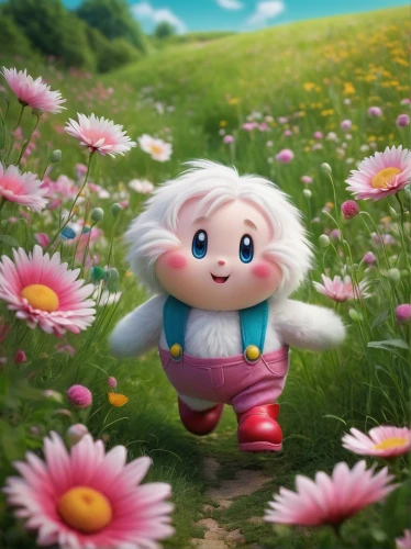 cute cartoon character,agnes,flower background,clover meadow,flower fairy,flower field,gnome,clover blossom,meadow clover,picking flowers,blooming field,little flower,cartoon flowers,poppy,field of flowers,scandia gnome,eglantine,rosa ' the fairy,flying dandelions,monchhichi,Illustration,Abstract Fantasy,Abstract Fantasy 06
