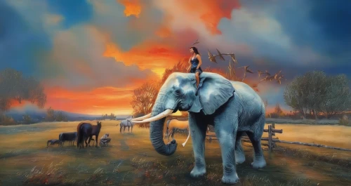 circus elephant,blue elephant,indian elephant,pachyderm,elephant ride,elephantine,elephant,circus animal,elephants,elephant's child,fantasy art,mahout,elephant camp,fantasy picture,elephants and mammoths,african elephant,elephant herd,asian elephant,world digital painting,whimsical animals,Illustration,Paper based,Paper Based 04