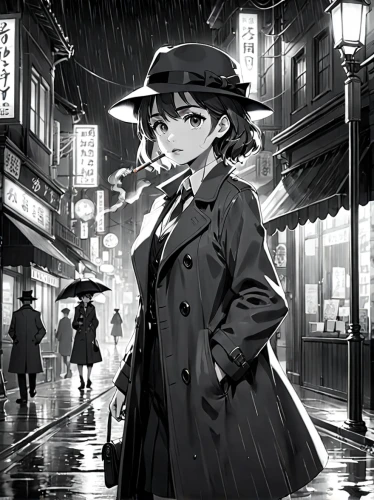 detective,film noir,detective conan,shibuya,sherlock holmes,black city,shibuya crossing,ginza,black hat,walking in the rain,investigator,chinatown,bowler hat,city ​​portrait,holmes,rainy,black coat,shinjuku,monochrome,sherlock,Anime,Anime,Traditional