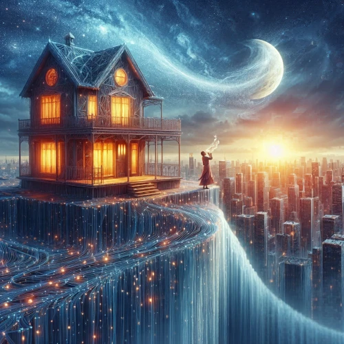 fantasy picture,dream world,sci fiction illustration,fantasy art,fantasy landscape,dreamland,fantasy city,3d fantasy,photomanipulation,world digital painting,dreams catcher,photo manipulation,winter house,snow globe,fantasy world,home landscape,light of night,imagination,northernlight,fractal environment