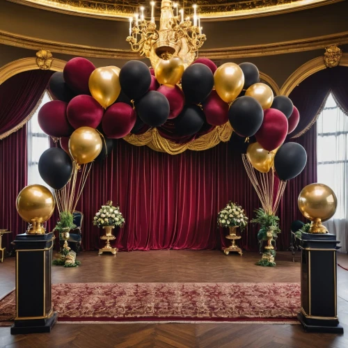 gold and black balloons,ballroom,party decorations,wedding decorations,theater curtain,corner balloons,kristbaum ball,party decoration,stage curtain,balloon envelope,decorations,balloons mylar,wedding decoration,theater curtains,event venue,theatre curtains,star balloons,dupage opera theatre,christmas ball,circus stage