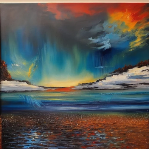 seascape,oil painting on canvas,oil on canvas,aurora borealis,painting technique,sea landscape,oil painting,coastal landscape,northen lights,art painting,beach landscape,rainbow clouds,aurora australis,abstract painting,coast sunset,blue painting,northernlight,glass painting,landscape with sea,navajo bay,Illustration,Paper based,Paper Based 04