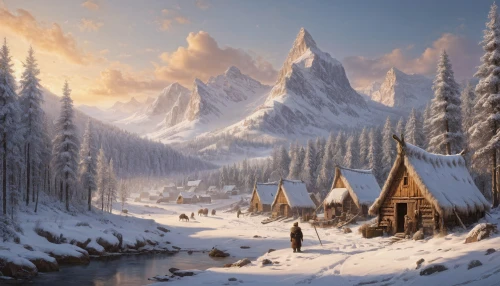 winter village,mountain settlement,northrend,christmas landscape,winter landscape,winter house,alpine village,snow scene,nordic christmas,mountain village,winter background,north pole,snow landscape,snowy landscape,fantasy landscape,mountain huts,aurora village,snow house,snowhotel,log cabin