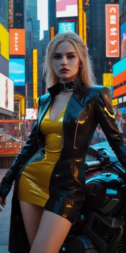latex clothing,yellow and black,cyberpunk,harley quinn,retro woman,harley,new york taxi,futuristic,hk,latex,city trans,x-men,bumblebee,ny,aurora yellow,pvc,xmen,rockabella,superhero background,cool blonde,Female,East Asians,Braid,Youth adult,M,Confidence,Underwear,Outdoor,Times Square