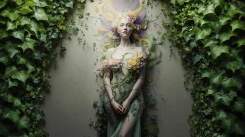 dryad,faerie,faery,elven flower,garden fairy,girl in a wreath,mother nature,fae,background ivy,garden of eden,fairy queen,the enchantress,flora,elven,flower fairy,secret garden of venus,ivy,rusalka,spring equinox,faun