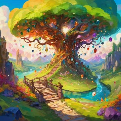 colorful tree of life,watercolor tree,magic tree,painted tree,flourishing tree,mushroom landscape,tree of life,fairy world,wondertree,fantasy landscape,fairy forest,oak tree,apple tree,acerola,fairy village,a tree,treehouse,celtic tree,tree,tree top path,Conceptual Art,Oil color,Oil Color 20