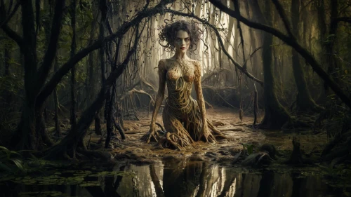 dryad,swamp,the enchantress,bayou,ballerina in the woods,mystical portrait of a girl,rusalka,crocodile woman,faerie,fantasy picture,weeping willow,faery,photomanipulation,fantasy portrait,water nymph,priestess,shamanic,rooted,girl with tree,fairy forest