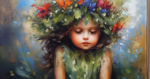 girl in a wreath,girl in flowers,girl picking flowers,girl with tree,girl in the garden,mystical portrait of a girl,oil painting on canvas,flower painting,dryad,oil painting,flora,child portrait,wreath of flowers,oil on canvas,flower fairy,flower hat,fairy peacock,girl portrait,little girl in wind,portrait of a girl,Illustration,Paper based,Paper Based 04