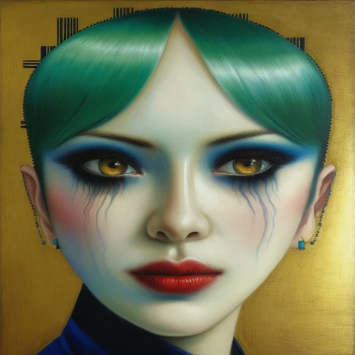 art deco woman,painted lady,painter doll,artist doll,fantasy portrait,transistor,gothic portrait,art deco frame,ann margarett-hollywood,woman face,girl-in-pop-art,pierrot,oil painting on canvas,portrait of a girl,oil on canvas,airbrushed,art deco,harlequin,mystical portrait of a girl,asymmetric cut,Illustration,Realistic Fantasy,Realistic Fantasy 08