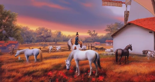 pony farm,horse stable,horse barn,red barn,horses,rural landscape,man and horses,autumn background,horse herder,autumn chores,horse supplies,farm landscape,oktoberfest background,fantasy picture,equines,autumn landscape,equine,farm background,horse herd,equestrian center,Illustration,Paper based,Paper Based 04