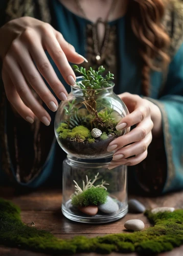 terrarium,tiny world,plant community,permaculture,magical pot,crystal ball-photography,photo manipulation,lensball,fairy house,ecologically,conceptual photography,earth in focus,photomanipulation,hornwort,little plants,eco,faery,mother earth,growing green,ecological,Illustration,Realistic Fantasy,Realistic Fantasy 42