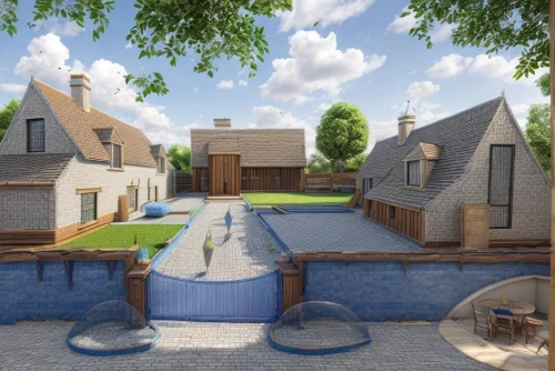 dug-out pool,3d rendering,new housing development,moated,knight village,thatch roofed hose,mud village,outdoor pool,cottages,escher village,crown render,frisian house,garden buildings,housebuilding,houses clipart,straw roofing,eco-construction,moated castle,stables,pool house,Common,Common,Natural