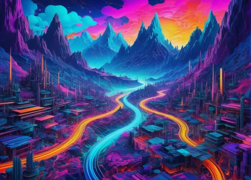 colorful city,futuristic landscape,valley,vast,acid lake,neon arrows,neon ghosts,ultraviolet,vapor,fantasy city,mountain world,world digital painting,colorful background,mountain road,lava river,the valley of the,mountain valley,fantasy landscape,mountain highway,alien world,Illustration,Paper based,Paper Based 22