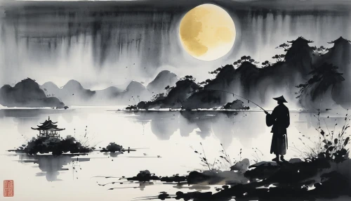 chinese art,luo han guo,yi sun sin,rou jia mo,xing yi quan,yunnan,guizhou,moonlit night,tai qi,han thom,mid-autumn festival,huangshan maofeng,night scene,tong sui,fisherman,shuai jiao,dongfang meiren,people fishing,han bok,oriental painting,Art,Artistic Painting,Artistic Painting 24