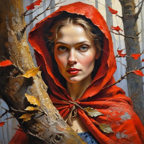 red riding hood,little red riding hood,red coat,girl with tree,red magnolia,oil painting,mystical portrait of a girl,oil painting on canvas,portrait of a girl,fantasy portrait,girl in a wreath,romantic portrait,young woman,lady in red,girl in cloth,man in red dress,red cape,woman portrait,danila bagrov,cardinal,Illustration,Paper based,Paper Based 24