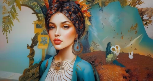 fantasy art,art painting,painted lady,meticulous painting,fantasy picture,oil painting on canvas,mermaid background,secret garden of venus,miss circassian,girl with tree,fantasy woman,fantasy portrait,fairy tale character,world digital painting,3d fantasy,persian poet,decorative figure,oil painting,woman at cafe,the sea maid,Illustration,Paper based,Paper Based 04