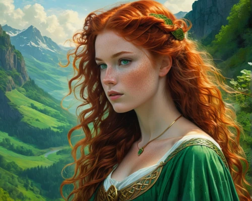 merida,fantasy portrait,celtic queen,redheads,fantasy art,mystical portrait of a girl,fae,romantic portrait,fantasy picture,red-haired,elven,celtic woman,eufiliya,fantasy woman,rapunzel,portrait of a girl,green landscape,the enchantress,rusalka,portrait background,Conceptual Art,Fantasy,Fantasy 05