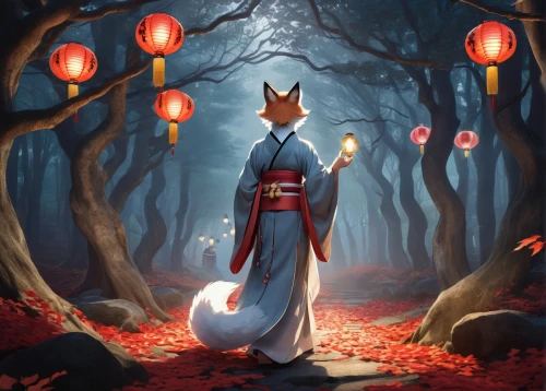 kitsune,nine-tailed,red lantern,lanterns,garden-fox tail,inari,lantern,fox,japanese lantern,a fox,foxes,hanbok,redfox,child fox,howl,illuminated lantern,little fox,red fox,tsukemono,christmas fox,Conceptual Art,Fantasy,Fantasy 22