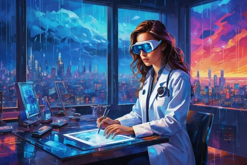 sci fiction illustration,cyber glasses,women in technology,pathologist,cyberpunk,pandemic,girl at the computer,biologist,laboratory information,female doctor,scientist,laboratory,spy-glass,chemical laboratory,sci fi surgery room,neon human resources,elektroniki,researcher,fish-surgeon,electronic medical record,Conceptual Art,Oil color,Oil Color 25