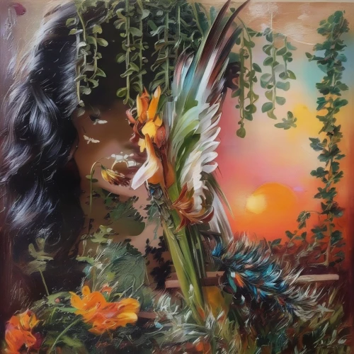 indigenous painting,oil painting on canvas,girl in flowers,shamanic,pachamama,girl picking flowers,oil painting,radha,feather headdress,boho art,cherokee,oil on canvas,indian art,girl in a wreath,native american,shamanism,american indian,khokhloma painting,girl in the garden,mother nature,Illustration,Paper based,Paper Based 04