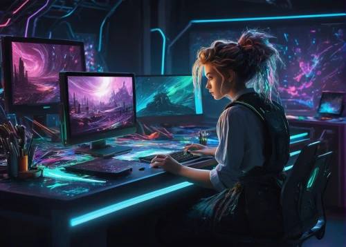 girl at the computer,computer room,cyberpunk,computer workstation,sci fiction illustration,computer addiction,working space,computer art,computer,computer game,women in technology,night administrator,lures and buy new desktop,computer desk,fractal design,girl studying,world digital painting,computer freak,game illustration,computer graphics,Illustration,Retro,Retro 25