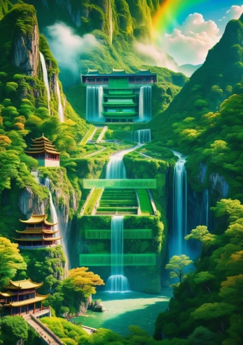green waterfall,japan landscape,rainbow bridge,landscape background,cartoon video game background,waterfalls,waterfall,fantasy landscape,japanese background,torii,green valley,chinese temple,world digital painting,wasserfall,water fall,kyoto,beautiful japan,water falls,nikko,chinese architecture,Photography,General,Natural