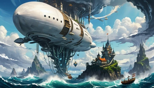 airships,sea fantasy,airship,galleon,fantasy picture,galleon ship,fantasy art,waterglobe,air ship,atlantis,caravel,nautilus,pirate ship,floating island,fantasy landscape,sci fiction illustration,heroic fantasy,maelstrom,fantasy world,sea sailing ship,Conceptual Art,Sci-Fi,Sci-Fi 24