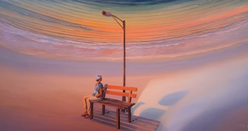 heavenly ladder,empty swing,art painting,surrealism,streetlamp,equilibrist,world digital painting,easel,street lamp,sit and wait,light post,surrealistic,lamp post,streetlight,oil painting on canvas,equilibrium,meticulous painting,high seat,chair,high-wire artist,Illustration,Paper based,Paper Based 04