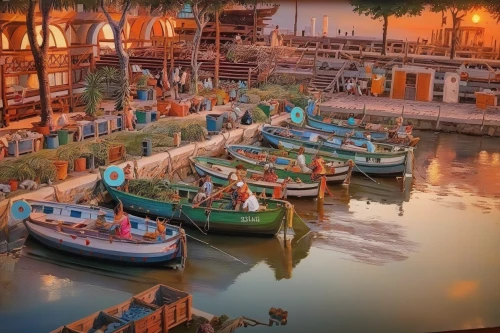 wooden boats,fishing village,fishing boats,boat yard,popeye village,tokyo disneysea,boat harbor,boats in the port,disney sea,shanghai disney,dubai creek,boats,floating huts,harbor,boat landscape,rowboats,floating market,stilt houses,docks,boatyard,Illustration,Paper based,Paper Based 04