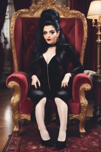 queen anne,russian doll,queen,goth woman,throne,cruella de ville,queen of hearts,dollhouse,queen of puddings,the victorian era,the throne,queen bee,queen of the night,goth subculture,gothic fashion,collectible doll,armchair,porcelain doll,goth like,rockabella,Photography,Cinematic