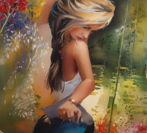 oil painting on canvas,oil painting,art painting,girl picking flowers,blond girl,girl in flowers,girl with a dolphin,boho art,flower painting,girl in the garden,oil on canvas,rapunzel,girl praying,girl sitting,girl in a wreath,fantasy art,girl with tree,italian painter,blonde woman,mystical portrait of a girl,Illustration,Paper based,Paper Based 04