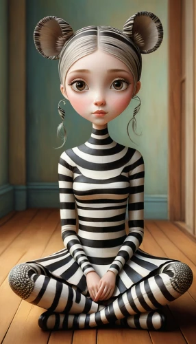 mime,cute cartoon character,agnes,marionette,prisoner,pierrot,rubber doll,horizontal stripes,girl sitting,fairy tale character,wooden doll,mime artist,tumbling doll,whimsical animals,cute cartoon image,painter doll,artist doll,child girl,doll cat,porcelaine,Illustration,Abstract Fantasy,Abstract Fantasy 06
