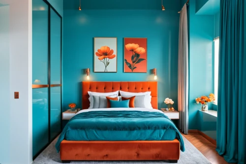 teal and orange,blue room,color turquoise,turquoise wool,bedroom,guest room,guestroom,canopy bed,turquoise,turquoise leather,color combinations,saturated colors,sleeping room,orange,boy's room picture,vibrant color,children's bedroom,great room,trend color,blue pillow,Photography,General,Realistic