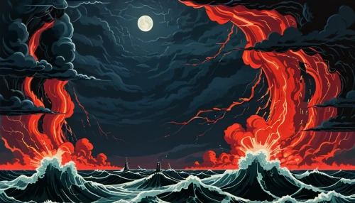 fire and water,lava,volcanic,volcanos,volcano,eruption,nature's wrath,fire background,lake of fire,tidal wave,sea storm,volcanic eruption,sirens,maelstrom,lava river,volcanism,lava flow,volcanoes,volcanic field,volcanic landscape,Illustration,Black and White,Black and White 18