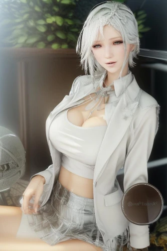 kotobukiya,piko,tea zen,female doll,3d figure,iris on piano,whitey,honmei choco,cappuccino,barista,white clothing,fuki,woman drinking coffee,café au lait,pianist,eris,doll figure,clay doll,blur office background,kusa mochi