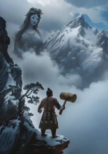 the spirit of the mountains,mountain guide,world digital painting,mountain world,himalayan,cloud mountain,mountain spirit,fantasy picture,himalaya,mountaineer,pachamama,nepal,mountain scene,mount everest,shamanism,guards of the canyon,pilgrimage,kong,the wanderer,everest region