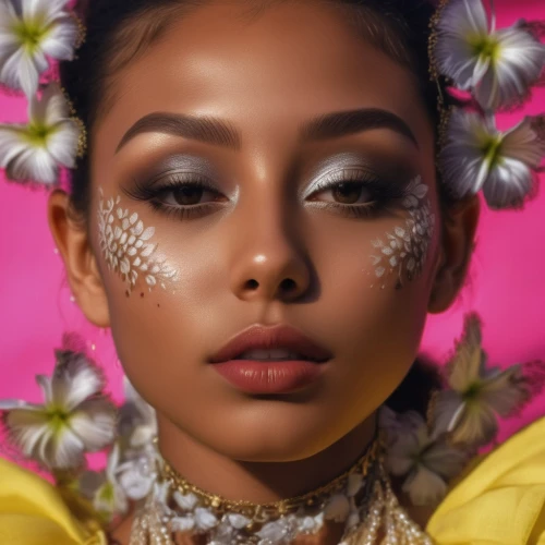polynesian girl,west indian jasmine,retouching,polynesian,floral mockup,floral background,fantasy portrait,retouch,vintage makeup,tropical bloom,pollinate,floral,blossom,pink floral background,plumeria,neon makeup,frangipani,exotic flower,rosa ' amber cover,passionfruit,Photography,General,Realistic