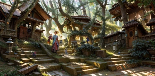 house in the forest,ancient house,fairy village,witch's house,mountain settlement,tree house,treehouse,wooden path,druid grove,elven forest,wooden houses,ancient city,the threshold of the house,fantasy picture,fantasy art,knight village,3d fantasy,forest path,lost place,fantasy landscape