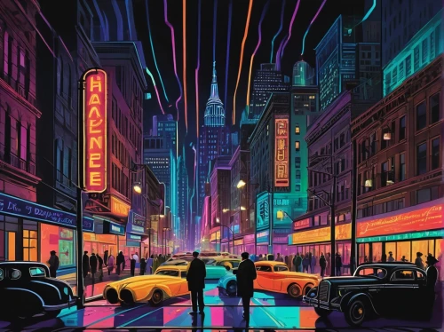 neon arrows,city lights,cyberpunk,neon lights,colorful city,citylights,pedestrian,80s,sci fiction illustration,night scene,big night city,metropolis,neon,cityscape,neon light,nightlife,neon ghosts,would a background,cities,city at night,Illustration,Realistic Fantasy,Realistic Fantasy 21
