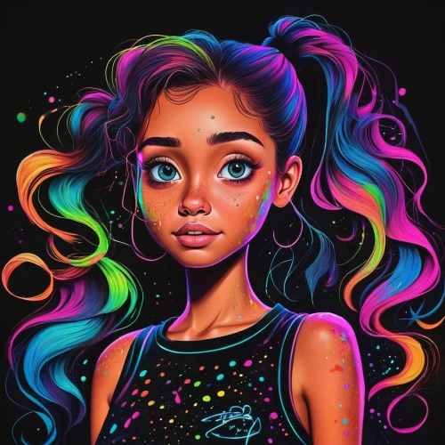 girl portrait,girl drawing,mystical portrait of a girl,kids illustration,neon body painting,colorful doodle,digital art,digital painting,vector girl,fantasy portrait,psychedelic art,child girl,colorful background,chalk drawing,80s,digital artwork,portrait of a girl,rainbow background,girl with speech bubble,girl in t-shirt