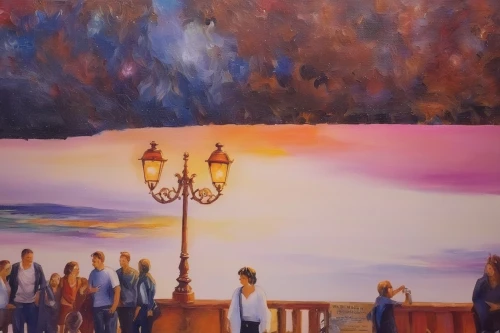 bandstand,watercolor paris balcony,church painting,boulevard,passepartout,the boulevard arjaan,eastbourne pier,promenade,art painting,meticulous painting,carousel,light posts,audience,night scene,orsay,photo painting,monte carlo,paris cafe,illuminations,brighton pier,Illustration,Paper based,Paper Based 04