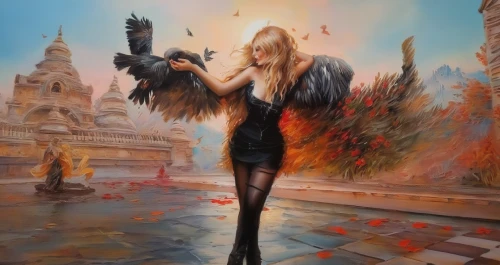 black angel,fantasy art,fallen angel,dark angel,baroque angel,fantasy picture,crow queen,fire angel,cupido (butterfly),universal exhibition of paris,art painting,death angel,oil painting,angelology,oil painting on canvas,black bird,fire dancer,woman playing,dance of death,the angel with the cross,Illustration,Paper based,Paper Based 04