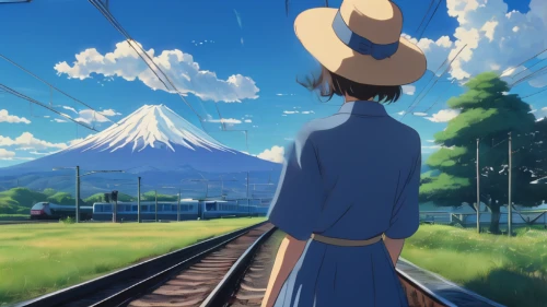 train ride,straw hat,studio ghibli,darjeeling,yamada's rice fields,railroad,journey,last train,straw hats,blue sky,see you again,track,violet evergarden,would a background,scenery,ordinary sun hat,train,travel poster,mountain,mt fuji,Illustration,Japanese style,Japanese Style 14