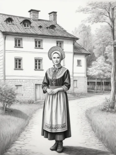 iulia hasdeu castle,folk costume,girl in a historic way,einjähriges silberblatt,zwartnek arassari,woman house,game illustration,banská štiavnica,old elisabeth,woman holding pie,balalaika,watzmannfrau,jaśminowiec,tasmiarka,bornholmer margeriten,prussian asparagus,small münsterländer,bohemia,housekeeper,krasnaya polyana,Illustration,Black and White,Black and White 30