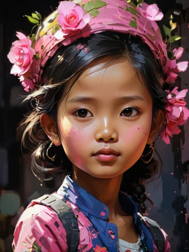 little girl in pink dress,chinese art,vietnamese woman,world digital painting,digital painting,mystical portrait of a girl,flower painting,little girl in wind,child portrait,geisha girl,girl with cloth,girl portrait,painter doll,girl in flowers,oriental girl,oil painting,han thom,child girl,girl picking flowers,little girl with umbrella,Conceptual Art,Sci-Fi,Sci-Fi 01