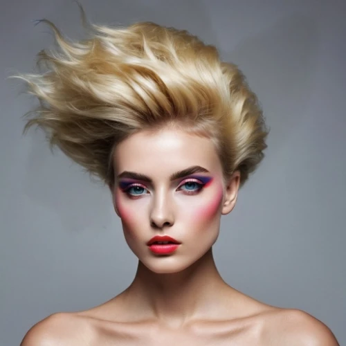 airbrushed,neon makeup,artificial hair integrations,bouffant,blonde woman,women's cosmetics,trend color,make-up,feathered hair,cool blonde,pixie-bob,hairdressing,short blond hair,blond girl,retouching,asymmetric cut,pompadour,pop art colors,management of hair loss,female model